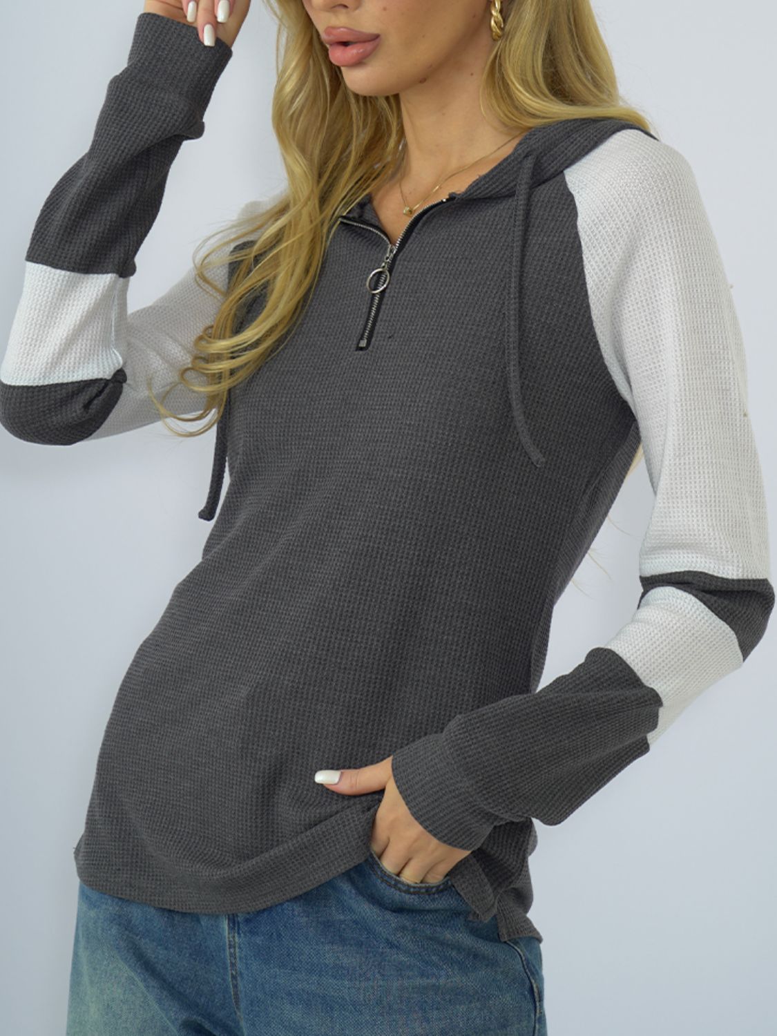 Waffle-Knit Raglan Sleeve Zipper Front Hoody - Dark Gray / S - Women’s Clothing & Accessories - Shirts & Tops - 6 - 2024