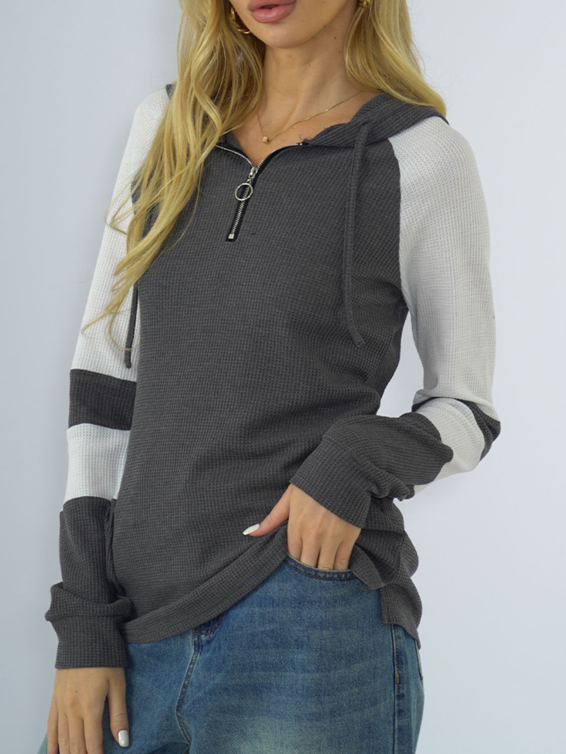 Waffle-Knit Raglan Sleeve Zipper Front Hoody - Women’s Clothing & Accessories - Shirts & Tops - 8 - 2024