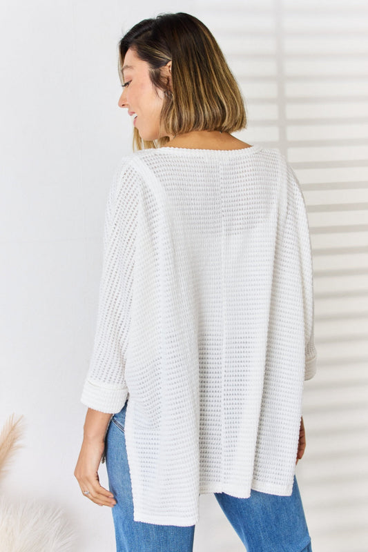 Waffle Knit V-Neck Long Sleeve Slit Top - Tops & Tees - Shirts & Tops - 2 - 2024