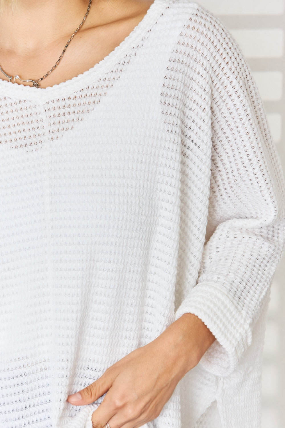 Waffle Knit V-Neck Long Sleeve Slit Top - Tops & Tees - Shirts & Tops - 7 - 2024