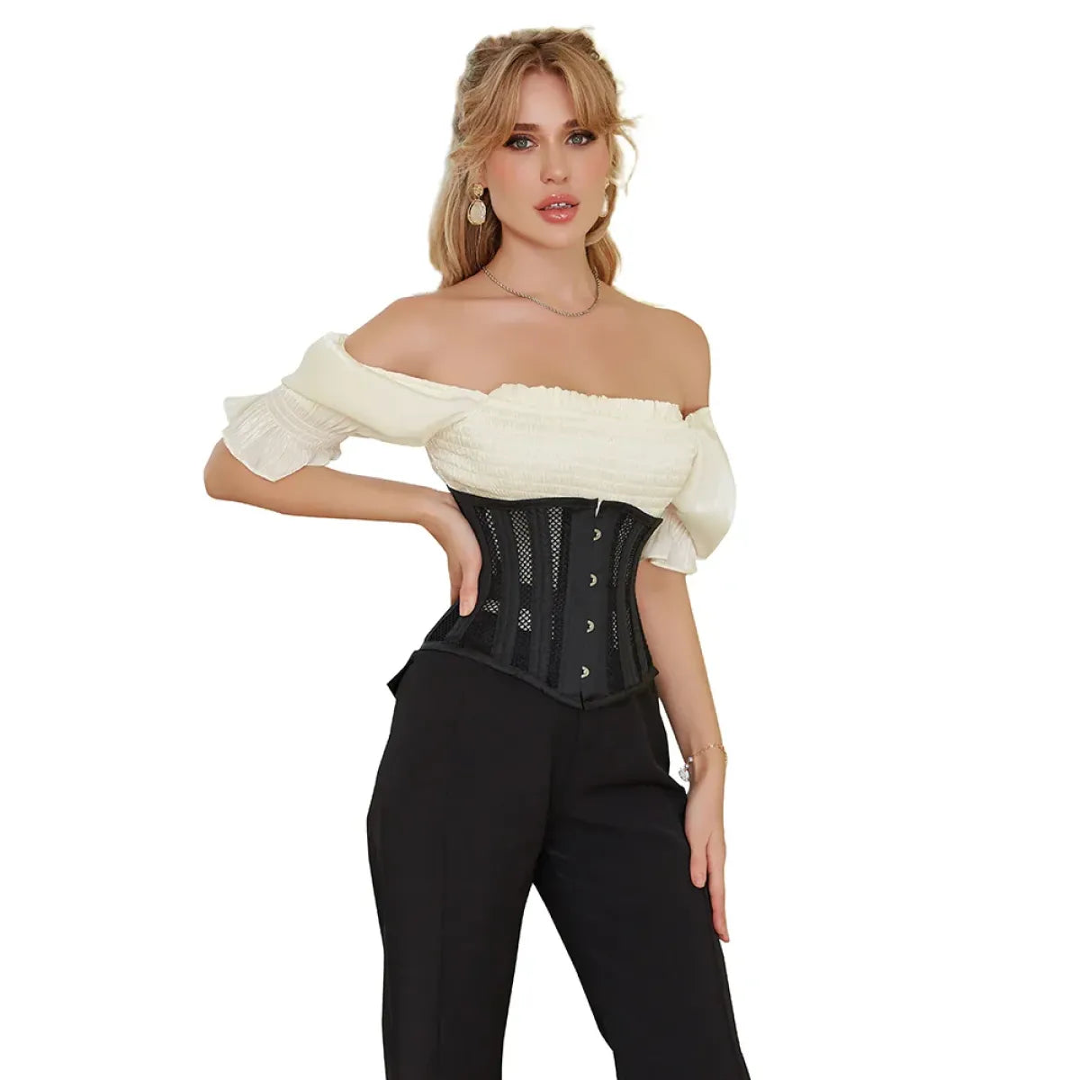 Steel Boned Mesh Underbust Waist Cincher Corset - T-Shirts - Lingerie - 4