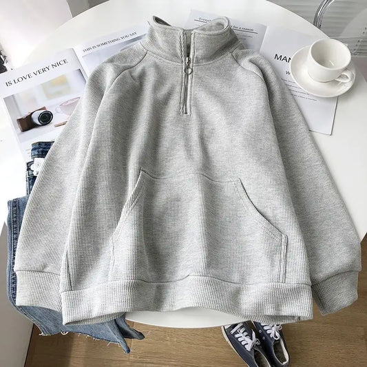 Warm Fleece Hoodie - Loose Half-Zip Pullover - Gray / M 40-50KG / CHINA - Hoodies & Sweatshirts - Shirts & Tops - 7