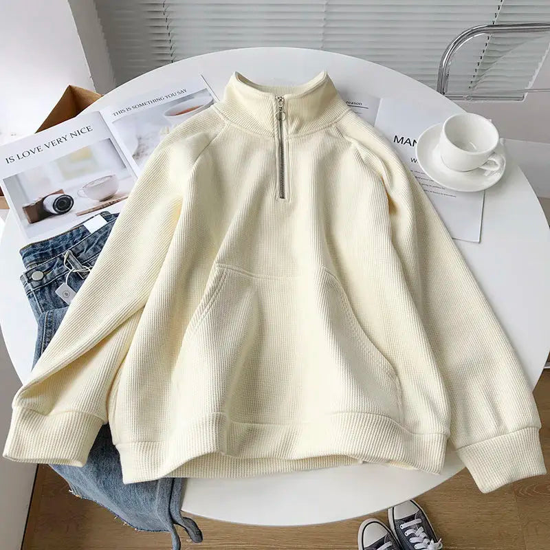 Warm Fleece Hoodie - Loose Half-Zip Pullover - Apricot / M 40-50KG / CHINA - Hoodies & Sweatshirts - Shirts & Tops - 8