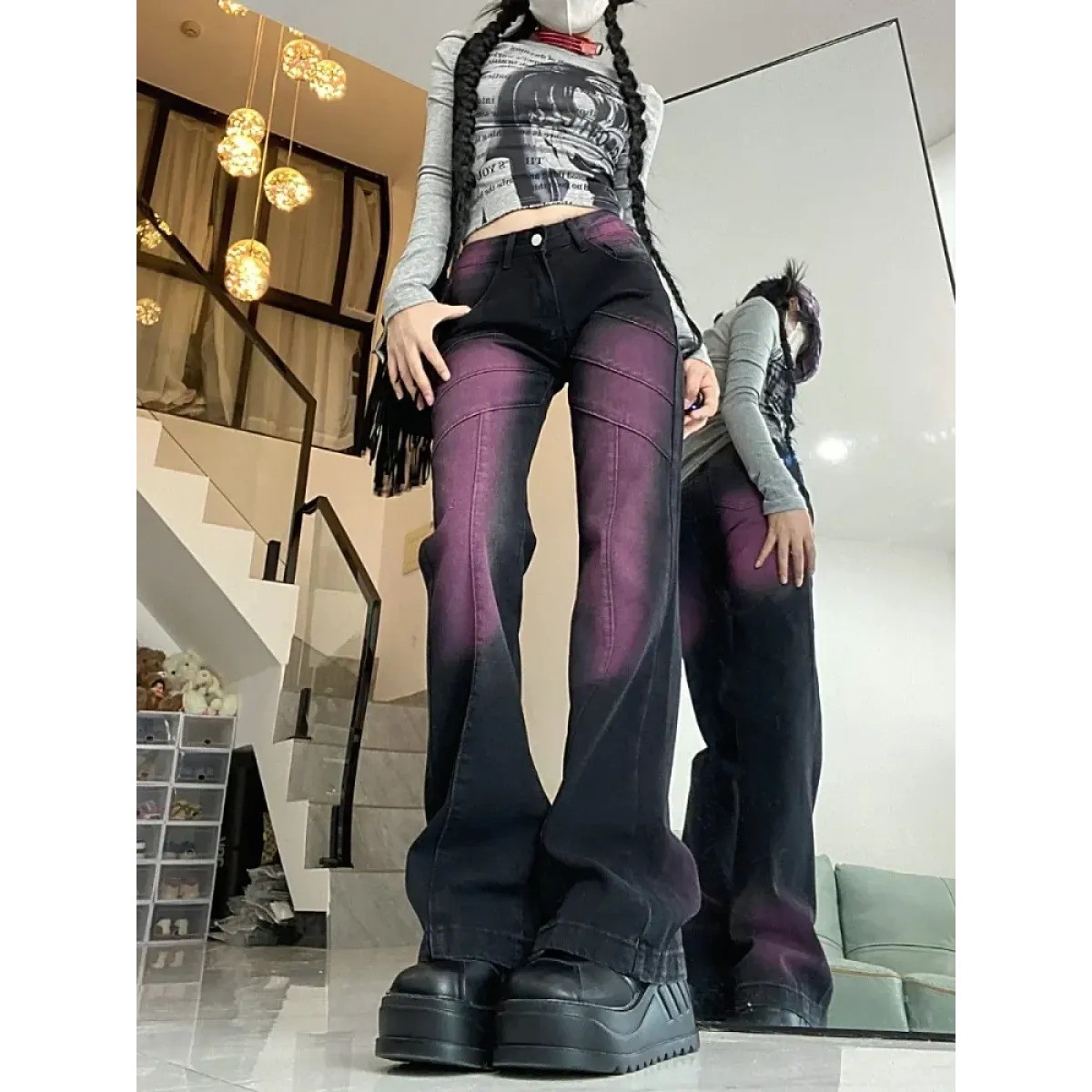 Washed Purple Flare Street Jeans - Bottoms - Pants - 1