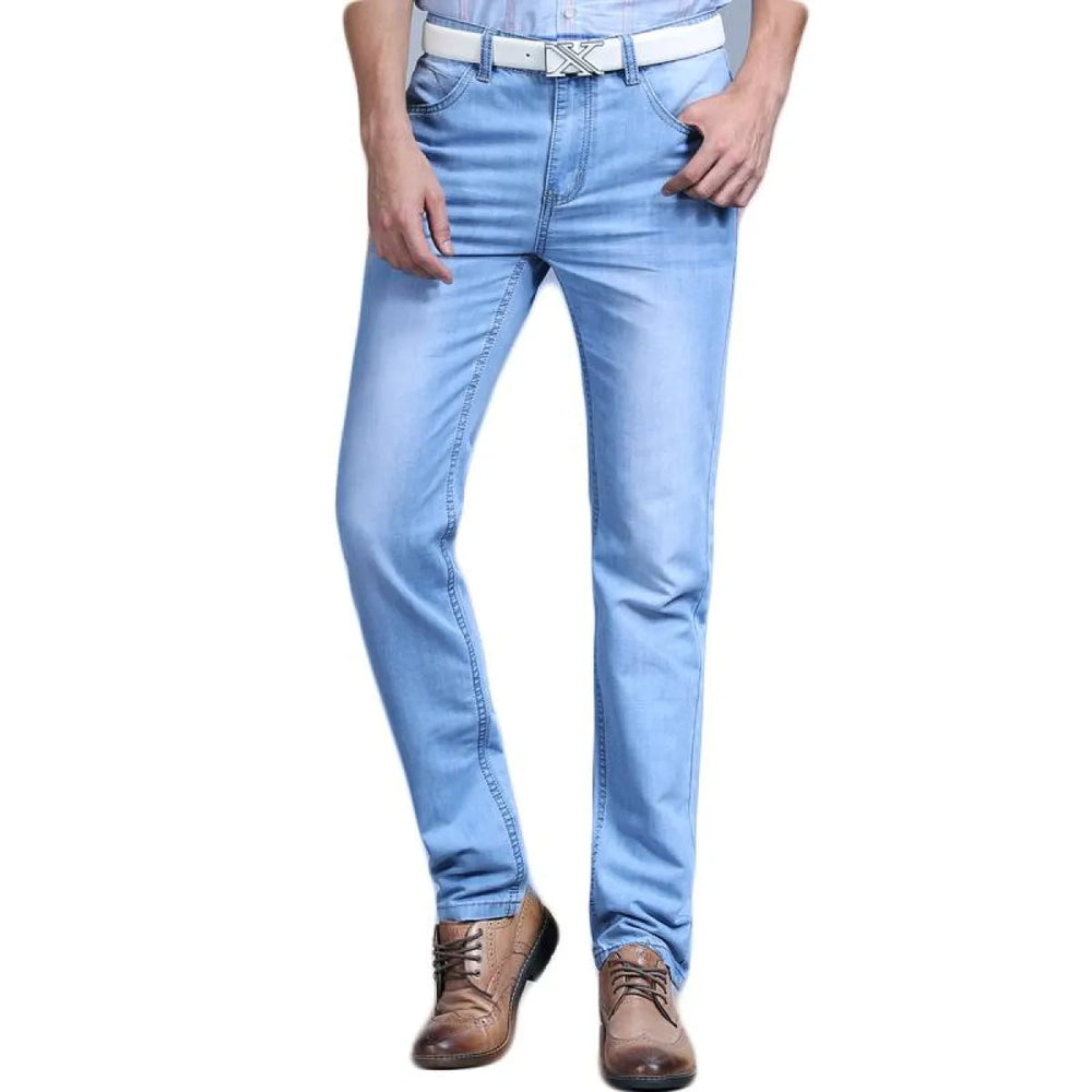 Men’s Washed Slim Blue Denim Pants - Bottoms - 1