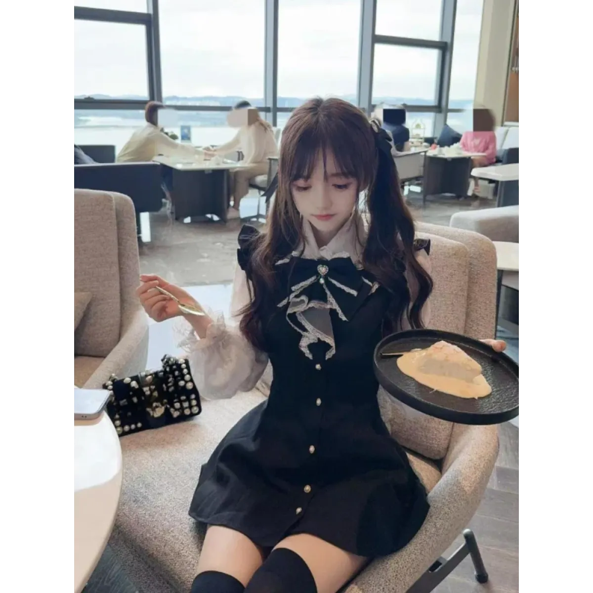 Black & White Bow Dress – Kawaii Lolita Preppy Vintage Style - All Dresses - Long - Shirt - Dresses - 1