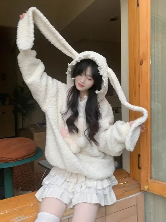 White Bunny Hoodie – Soft Lamb Wool Fleece Pullover Winter Style - Hoodies & Sweatshirts - Hoodies - 2025 - 2