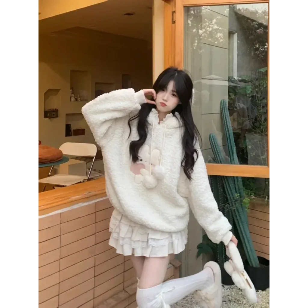 White Bunny Hoodie – Soft Lamb Wool Fleece Pullover Winter Style - Hoodies & Sweatshirts - Hooded - Hoodies - 2