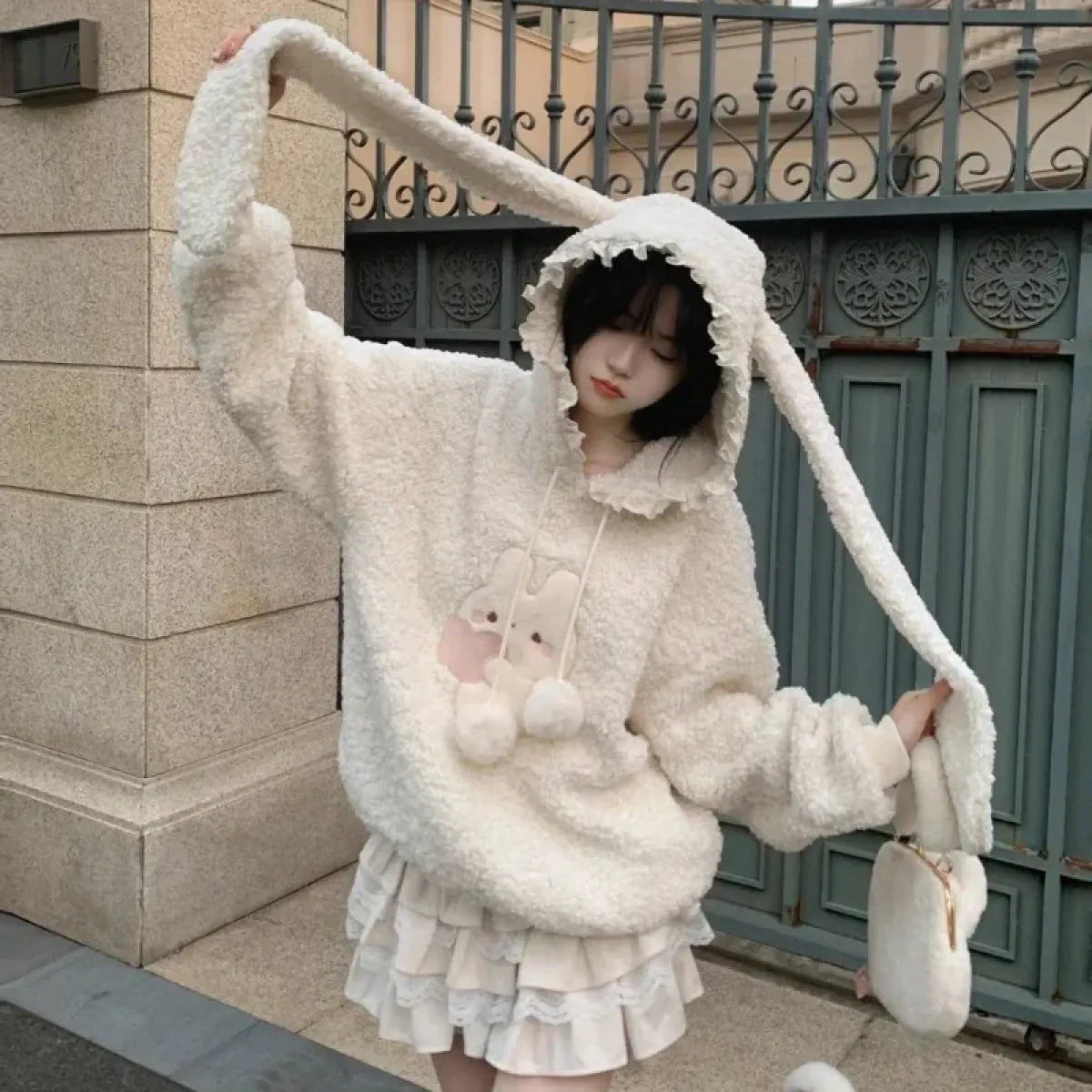 White Bunny Hoodie – Soft Lamb Wool Fleece Pullover Winter Style - Hoodies & Sweatshirts - Hooded - Hoodies - 6