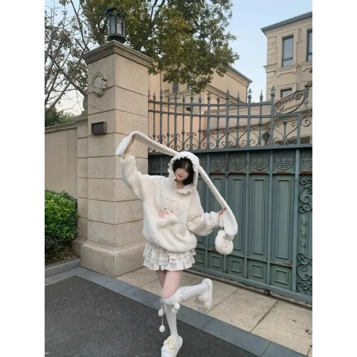 White Bunny Hoodie – Soft Lamb Wool Fleece Pullover Winter Style - Hoodies & Sweatshirts - Hooded - Hoodies - 4