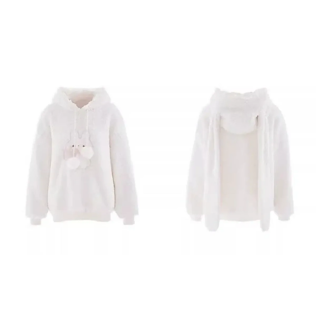 White Bunny Hoodie – Soft Lamb Wool Fleece Pullover Winter Style - Hoodies & Sweatshirts - Hooded - Hoodies - 5