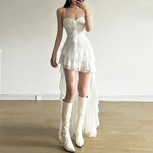 White Gothic Ruffle High-Low Dress - All Dresses - Dresses - 1