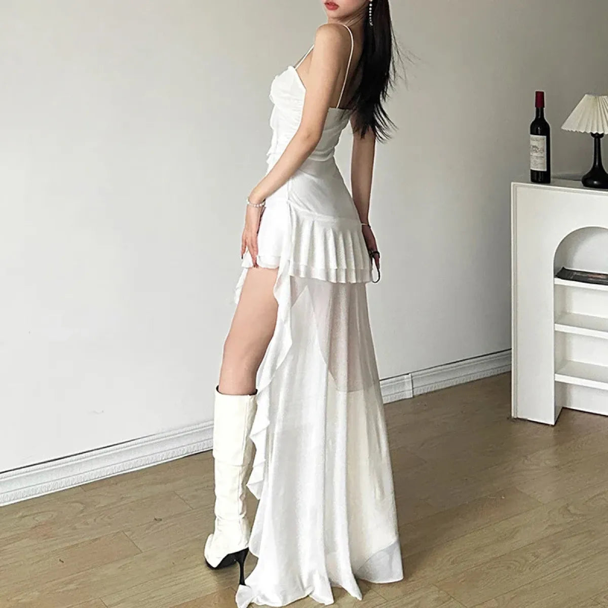 White Gothic Ruffle High-Low Dress - All Dresses - Dresses - 3