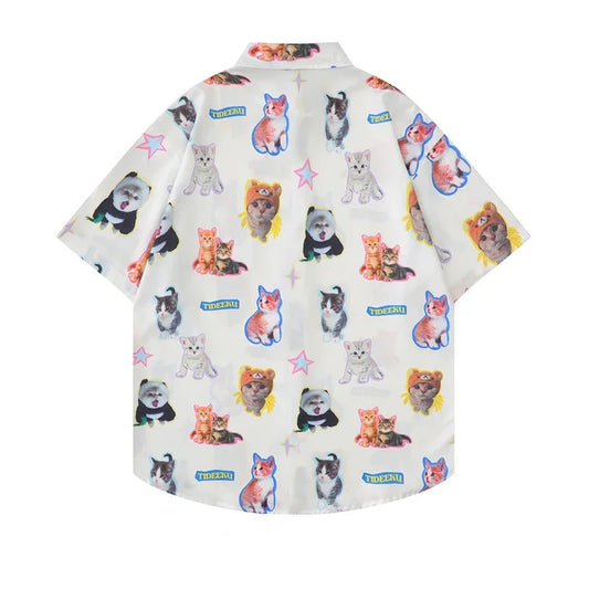 White Kawaii Cat Print Oversized Shirt – Harajuku Short Sleeve Blouse - T-Shirts - Blouses - 2025 - 2 - Worldwide