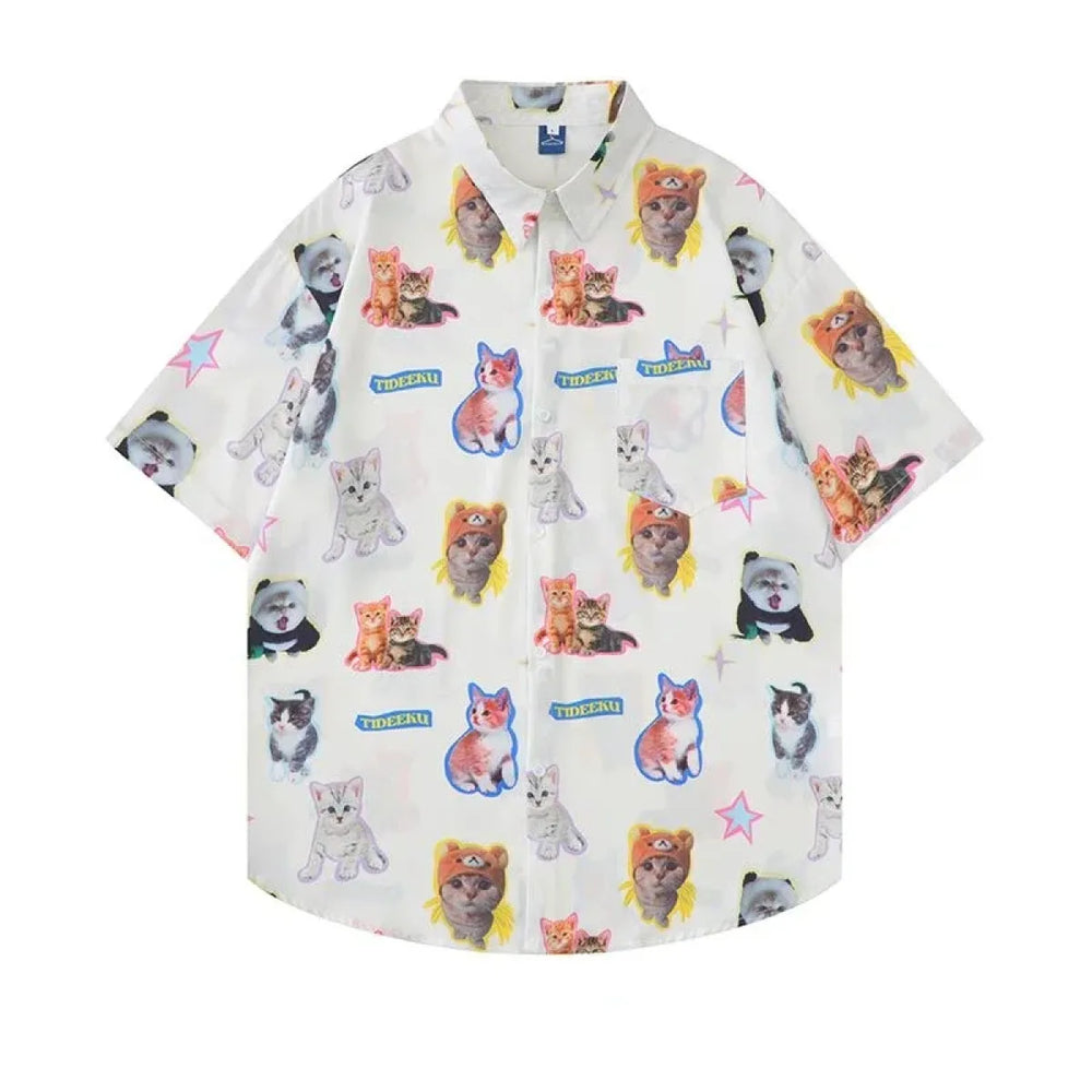 White Kawaii Cat Print Oversized Shirt – Harajuku Short Sleeve Blouse - T-Shirts - Short - Shirt - Blouses - 1