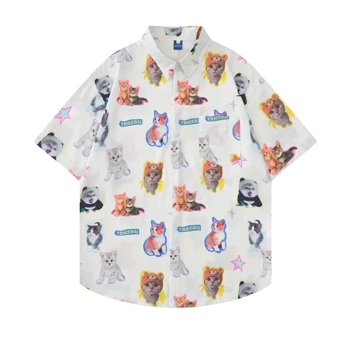 White Kawaii Cat Print Oversized Shirt – Harajuku Short Sleeve Blouse - T-Shirts - Short - Shirt - Blouses - 1