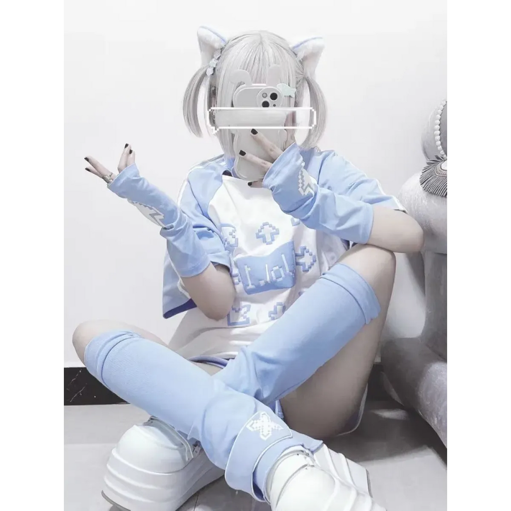 Blue & White Kawaii Harajuku Tops – Y2K Anime Print Top - T-Shirts - Short - Round - T-Shirts - 1