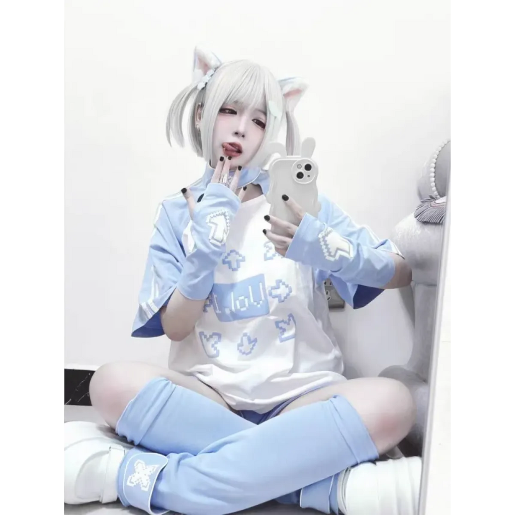 Blue & White Kawaii Harajuku Tops – Y2K Anime Print Top - T-Shirts - Short - Round - T-Shirts - 2