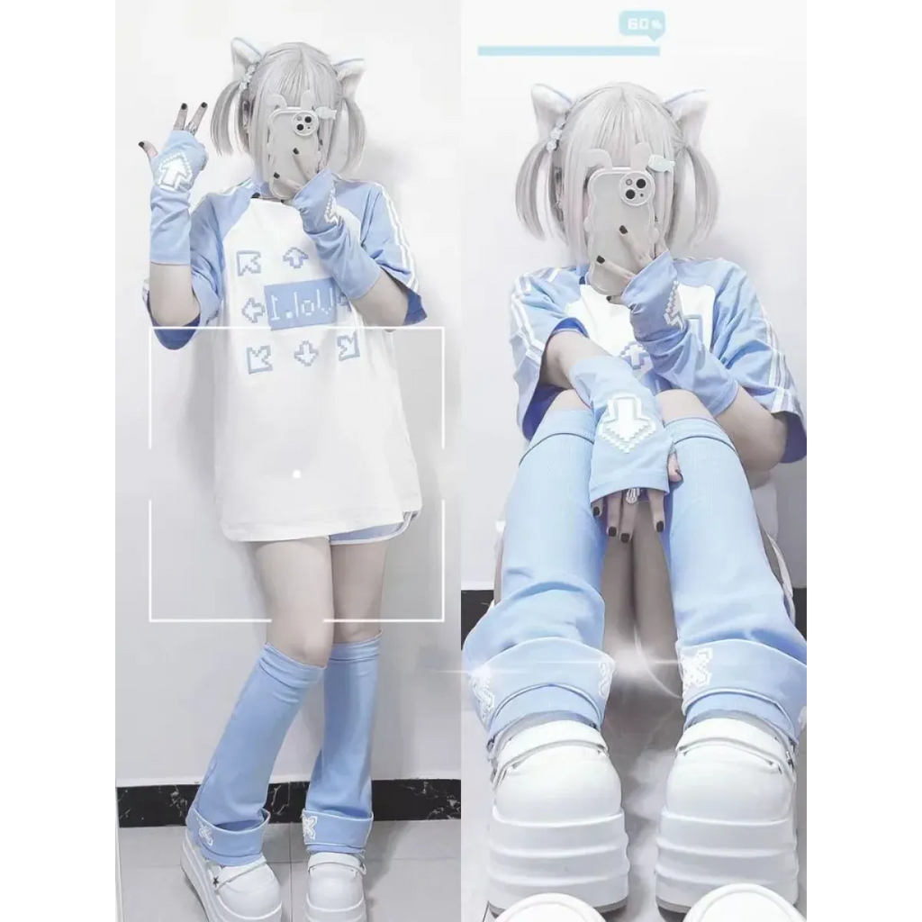 Blue & White Kawaii Harajuku Tops – Y2K Anime Print Top - T-Shirts - Short - Round - T-Shirts - 3