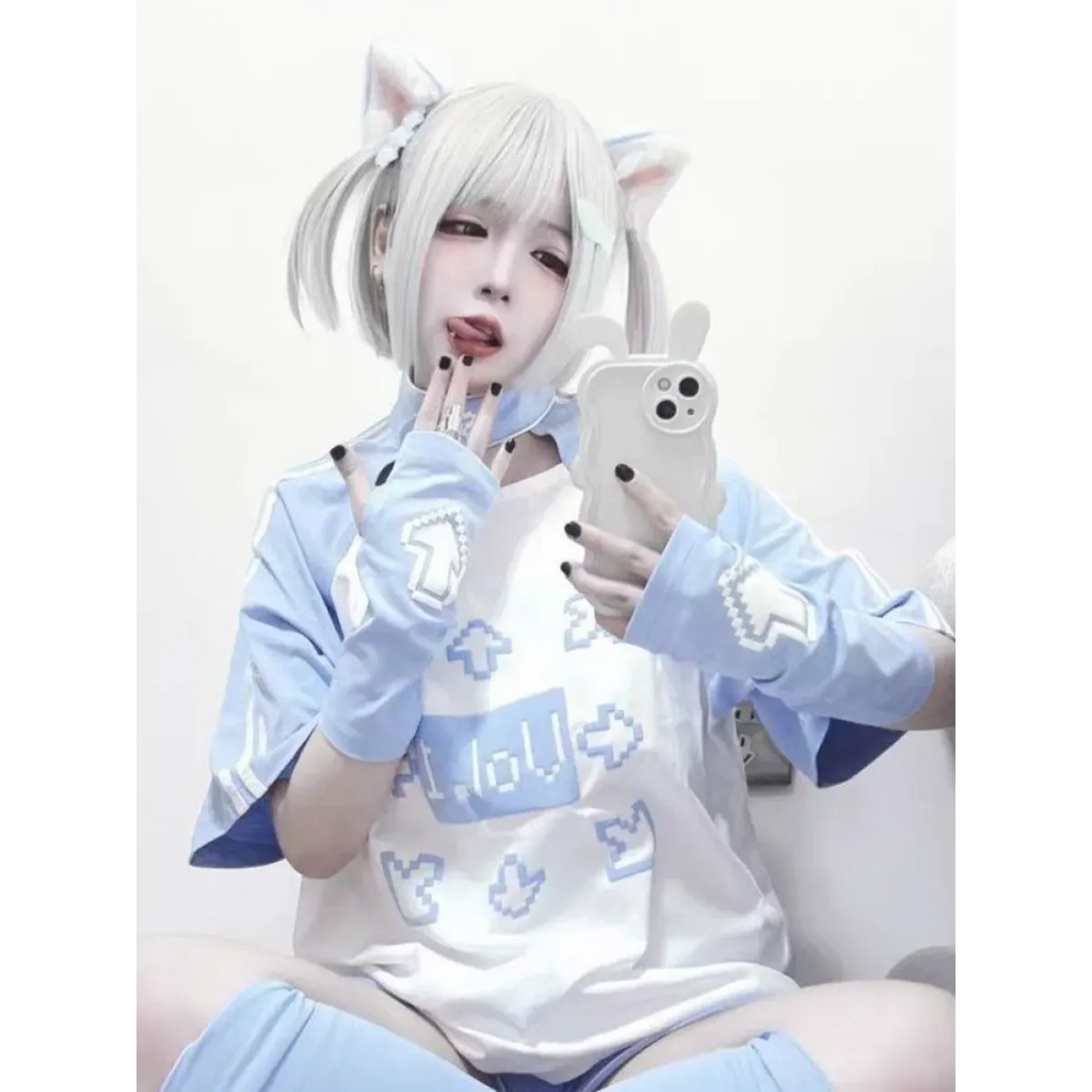 Blue & White Kawaii Harajuku Tops – Y2K Anime Print Top - T-Shirts - Short - Round - T-Shirts - 4