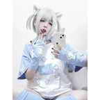 Blue & White Kawaii Harajuku Tops – Y2K Anime Print Top - T-Shirts - Short - Round - T-Shirts - 4