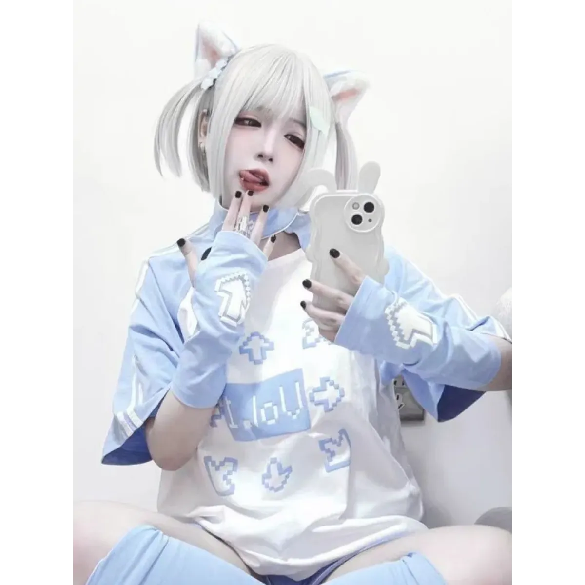 Blue & White Kawaii Harajuku Tops – Y2K Anime Print Top - T-Shirts - Short - Round - T-Shirts - 4