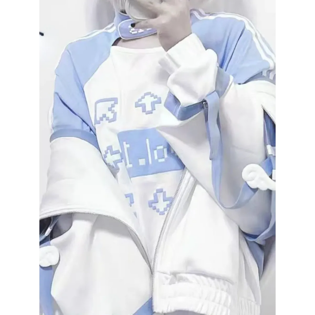 Blue & White Kawaii Harajuku Tops – Y2K Anime Print Top - T-Shirts - Short - Round - T-Shirts - 5