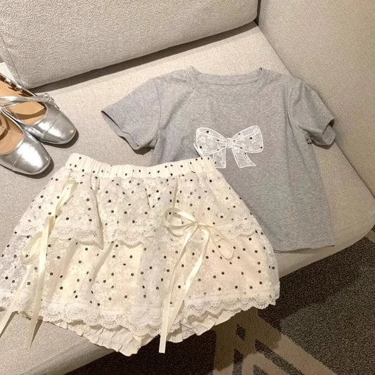 Bow T-Shirt & White Lace Cake Skirt Set – Kawaii Style - White / XS - Bottoms - 2025 - 1 - Worldwide Shipping