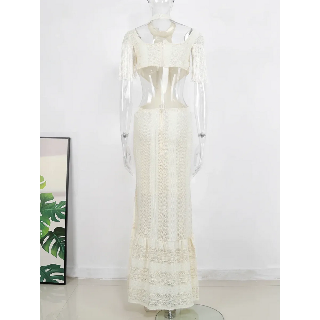 White Lace Turtleneck Dress: Sexy Slim Fit with Tassel Sleeves - All Dresses - 12