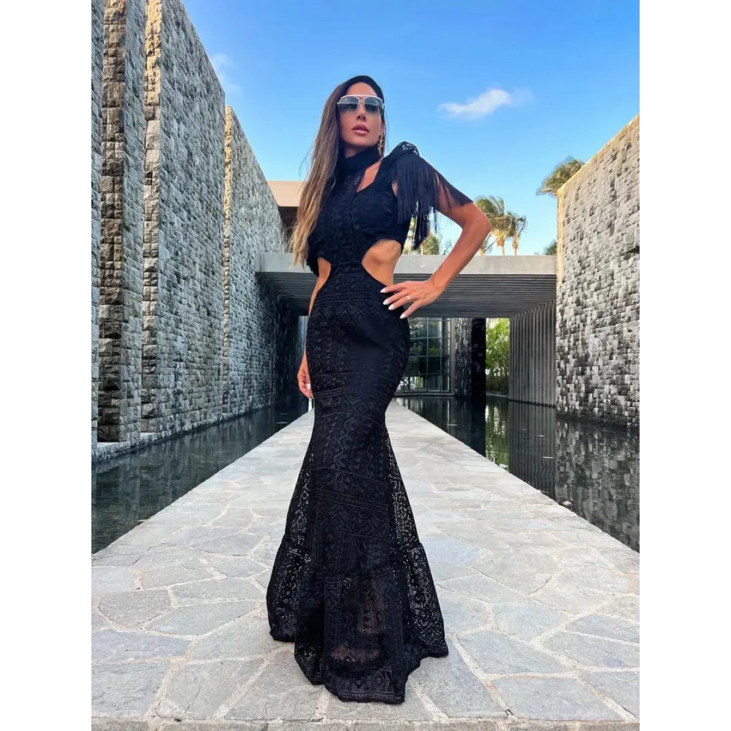 White Lace Turtleneck Dress: Sexy Slim Fit with Tassel Sleeves - All Dresses - 7