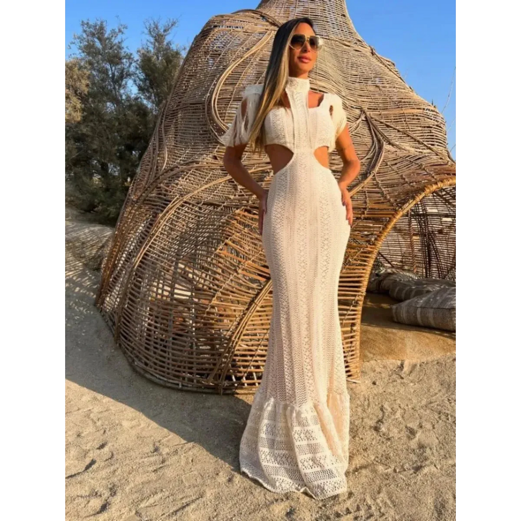 White Lace Turtleneck Dress: Sexy Slim Fit with Tassel Sleeves - All Dresses - 5