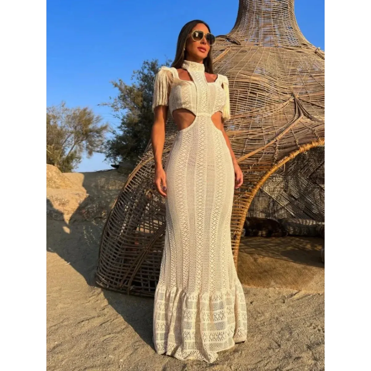 White Lace Turtleneck Dress: Sexy Slim Fit with Tassel Sleeves - All Dresses - 2