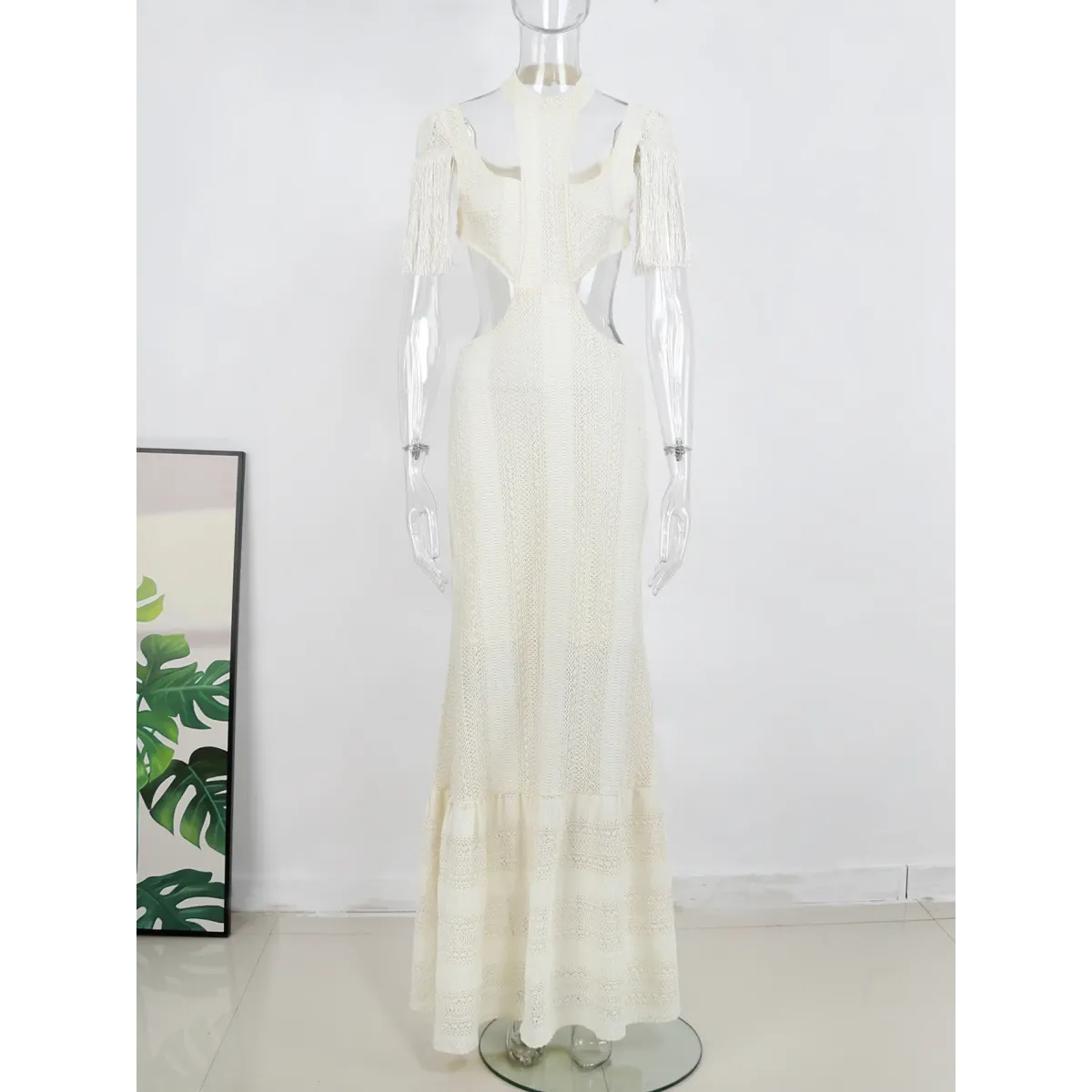 White Lace Turtleneck Dress: Sexy Slim Fit with Tassel Sleeves - All Dresses - 10