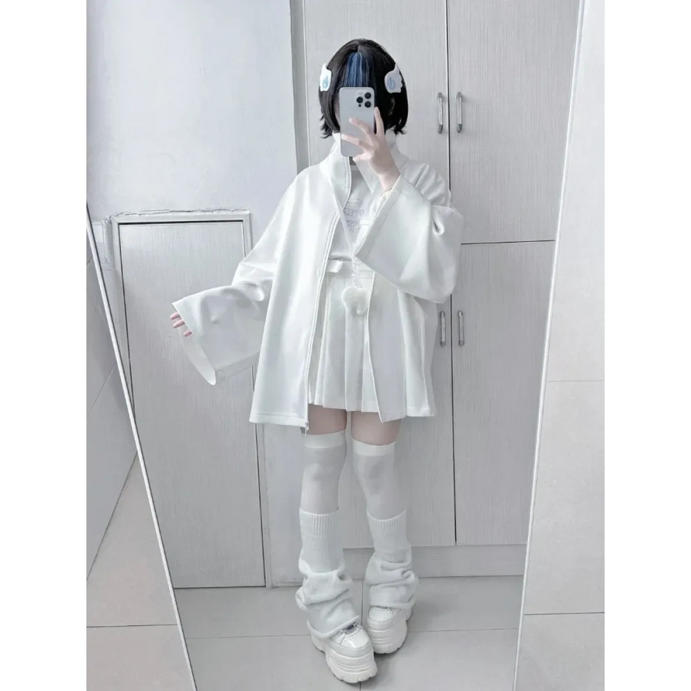 White Oversized Harajuku Hoodie – Embroidered Y2K Aesthetic Zip-Up - Women’s Clothing & Accessories - Round - Women’s
