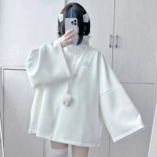 White Oversized Harajuku Hoodie – Embroidered Y2K Aesthetic Zip-Up - White / XL - Women’s Clothing & Accessories