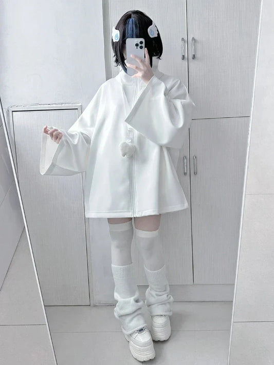 White Oversized Harajuku Hoodie – Embroidered Y2K Aesthetic Zip-Up - Women’s Clothing & Accessories - Hoodies