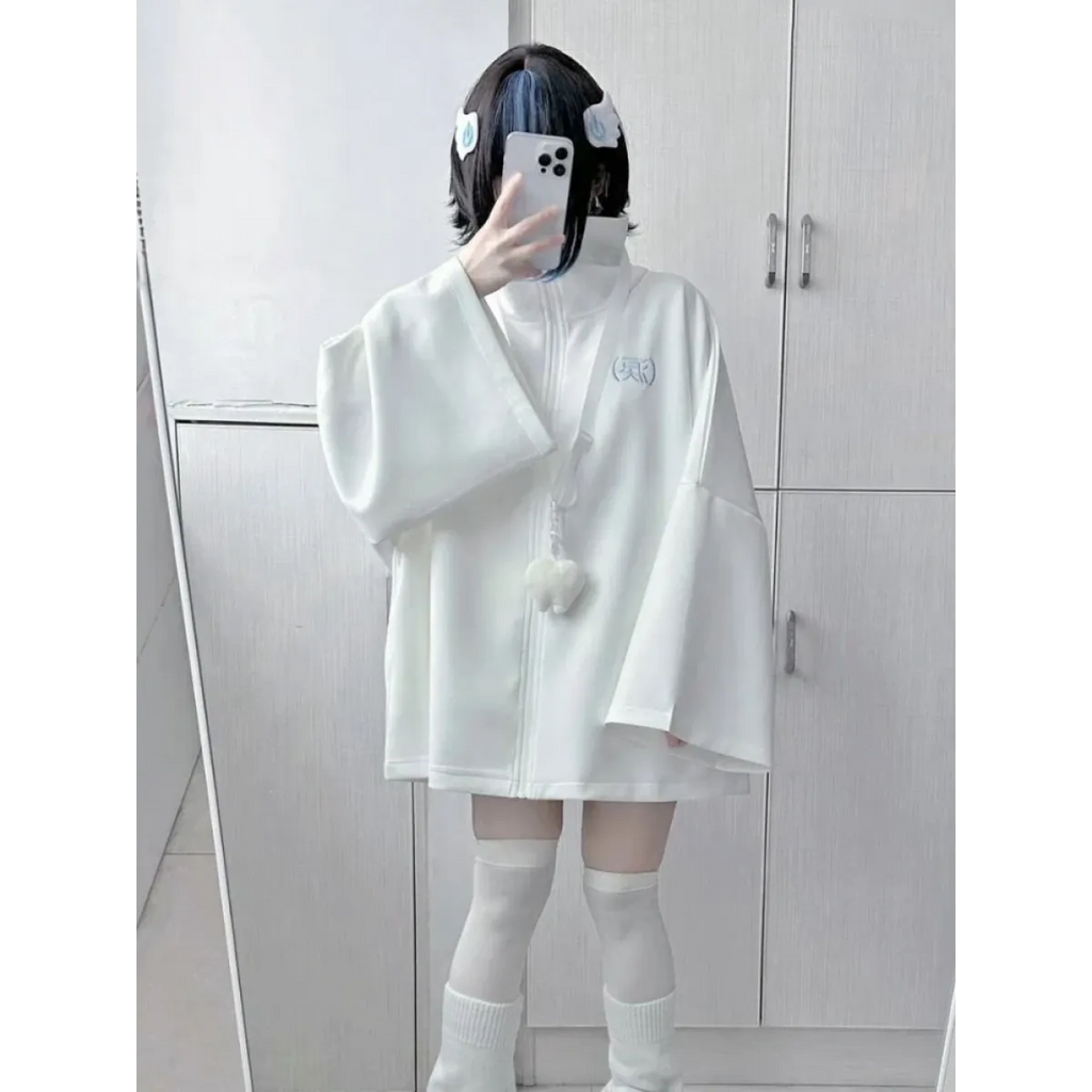 White Oversized Harajuku Hoodie – Embroidered Y2K Aesthetic Zip-Up - Women’s Clothing & Accessories - Round - Women’s