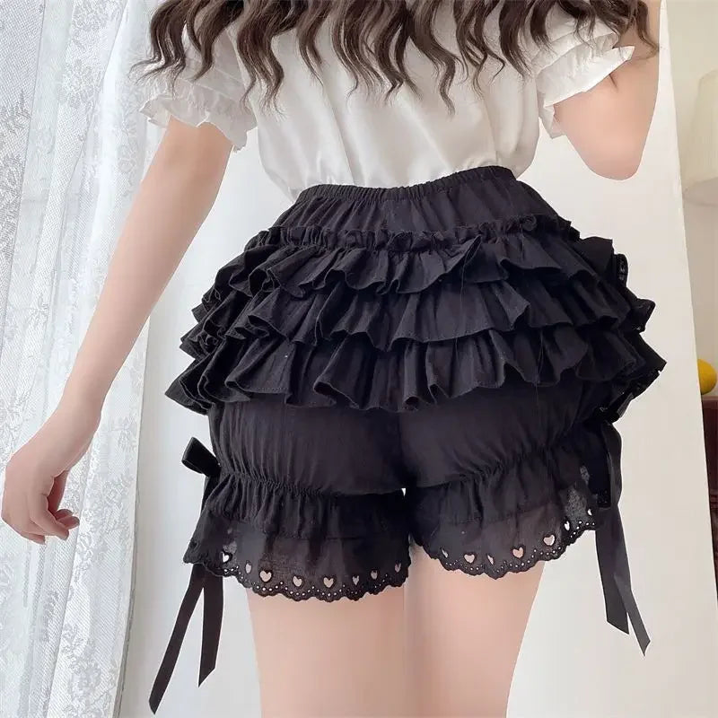 Black & White Ruffle Shorts - Kawaii Lace Bowknot Safety Panties - Shorts - Shorts - 4 - 2024