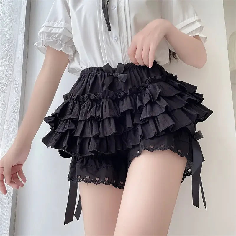 Black & White Ruffle Shorts - Kawaii Lace Bowknot Safety Panties - Black / S (40-48KG) - Shorts - Shorts - 3 - 2024