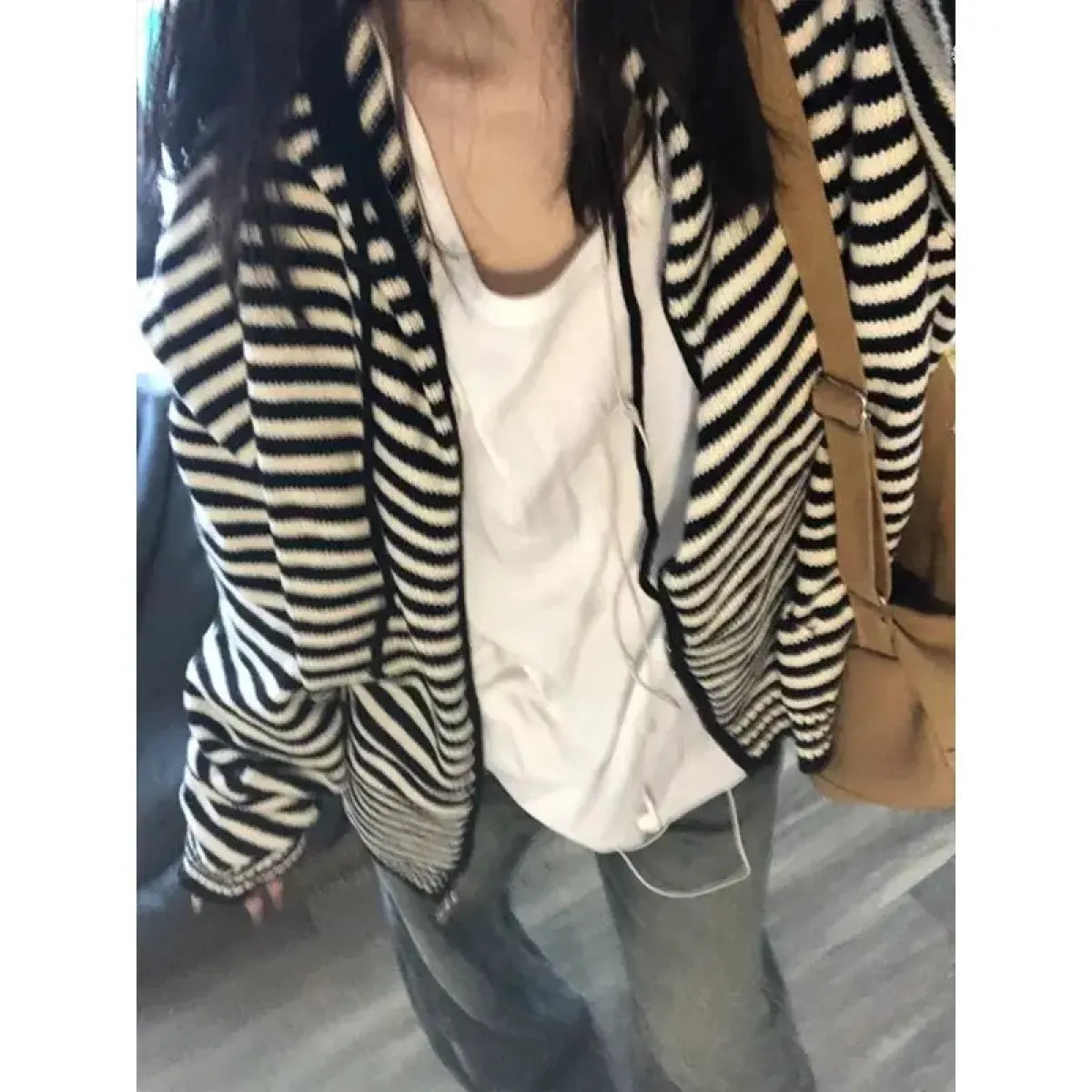 Black and White Striped Cardigan – Vintage Harajuku Zip-Up Knitwear - Sweaters - Long - Hooded - Cardigans - 1