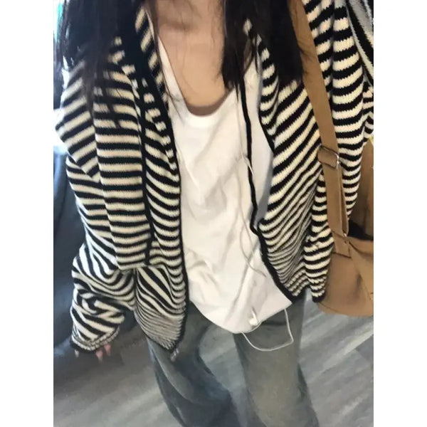 Black and White Striped Cardigan – Vintage Harajuku Zip-Up Knitwear - Sweaters - Long - Hooded - Cardigans - 1