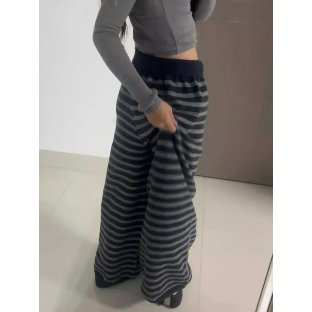Grunge Stripe Knit Wide Leg Pants - Bottoms - Trousers - 2