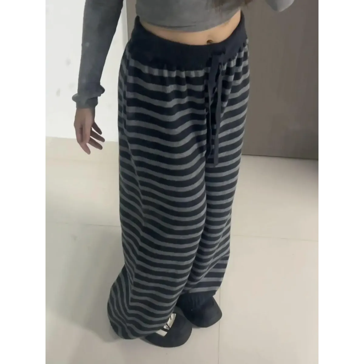 Grunge Stripe Knit Wide Leg Pants - Bottoms - Trousers - 5