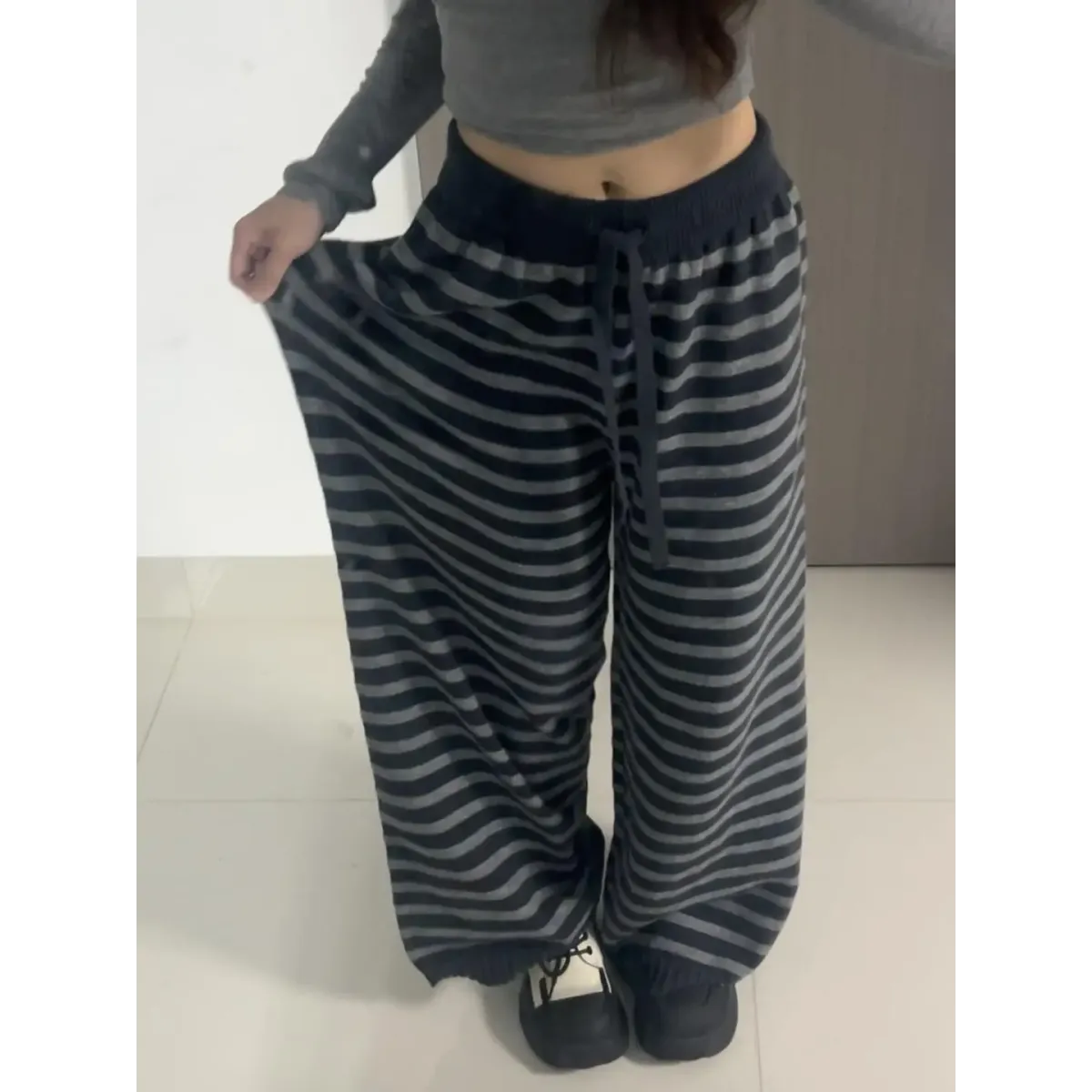 Grunge Stripe Knit Wide Leg Pants - Bottoms - Trousers - 6