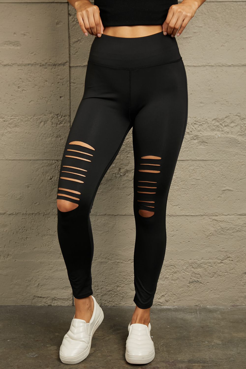 Wide Waistband Distressed Slim Fit Leggings - Black / S - Women’s Clothing & Accessories - Pants - 1 - 2024