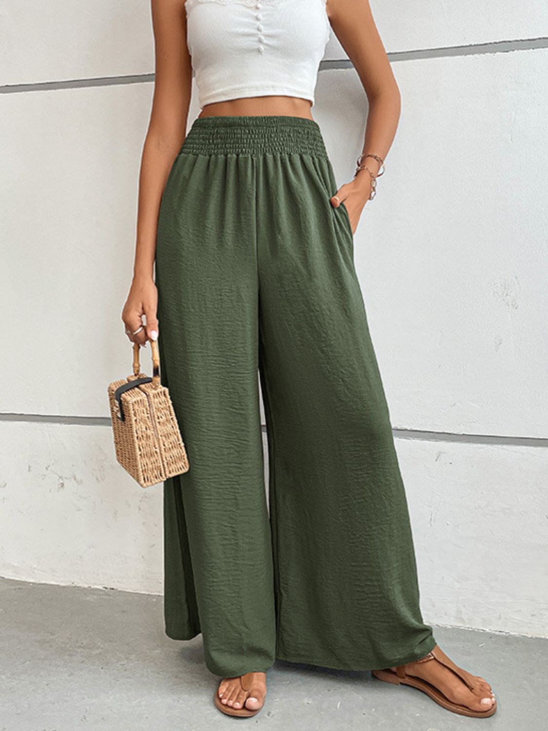 Wide Waistband Relax Fit Long Pants - Green / S - Bottoms - Pants - 14 - 2024