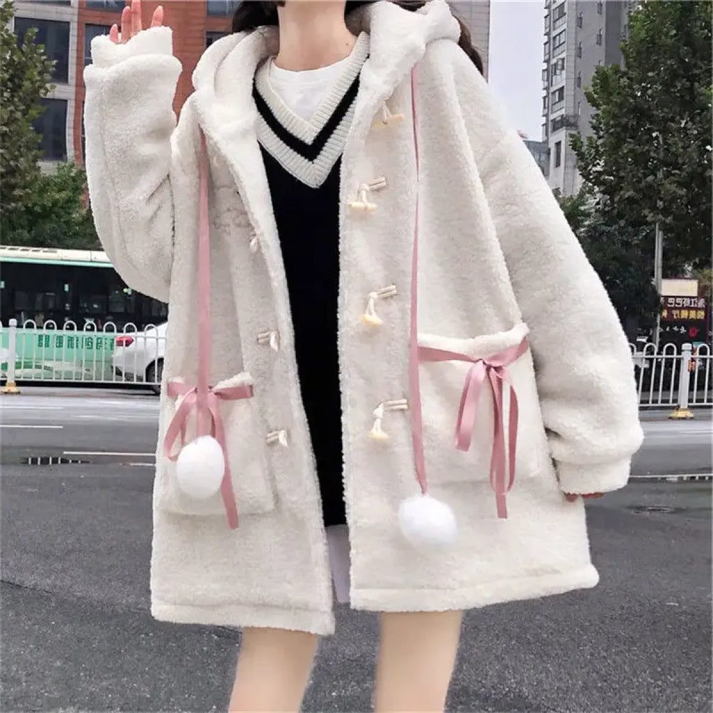 Winter Teddy Coat Women’s Oversized Hooded Jacket with Bows and Pockets - Women’s Clothing & Accessories - Hooded