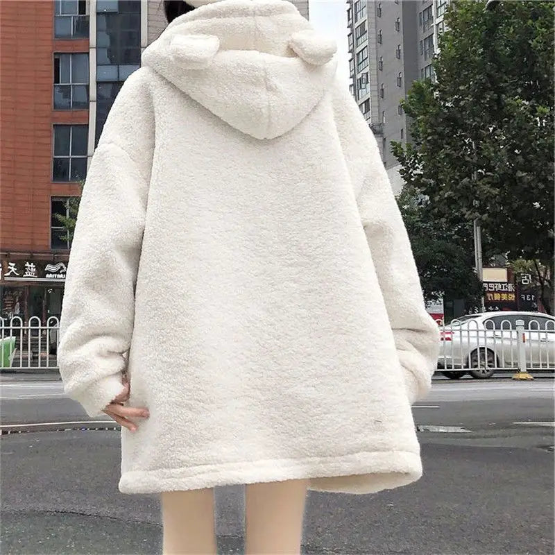 Winter Teddy Coat Women’s Oversized Hooded Jacket with Bows and Pockets - Women’s Clothing & Accessories - Sweaters