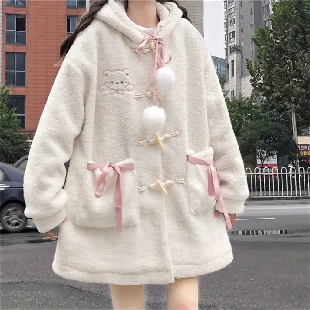 Winter Teddy Coat Women’s Oversized Hooded Jacket with Bows and Pockets - Women’s Clothing & Accessories - Hooded