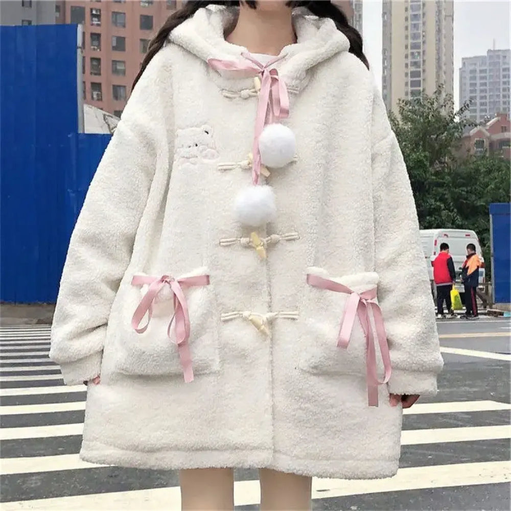 Winter Teddy Coat Women’s Oversized Hooded Jacket with Bows and Pockets - Women’s Clothing & Accessories - Hooded